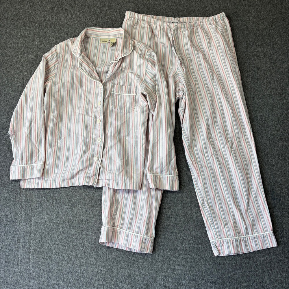 LL Bean Womens Pajama Set Medium Petite Cotton Striped Flannel Pink Blue Green